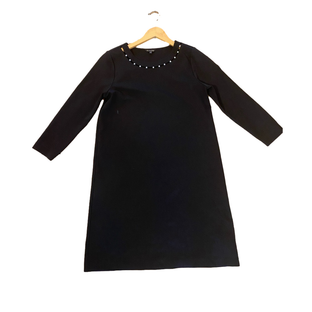 Massimo Dutti dress size M black cotton mix midi dress faux pearl 3/4 sleeve